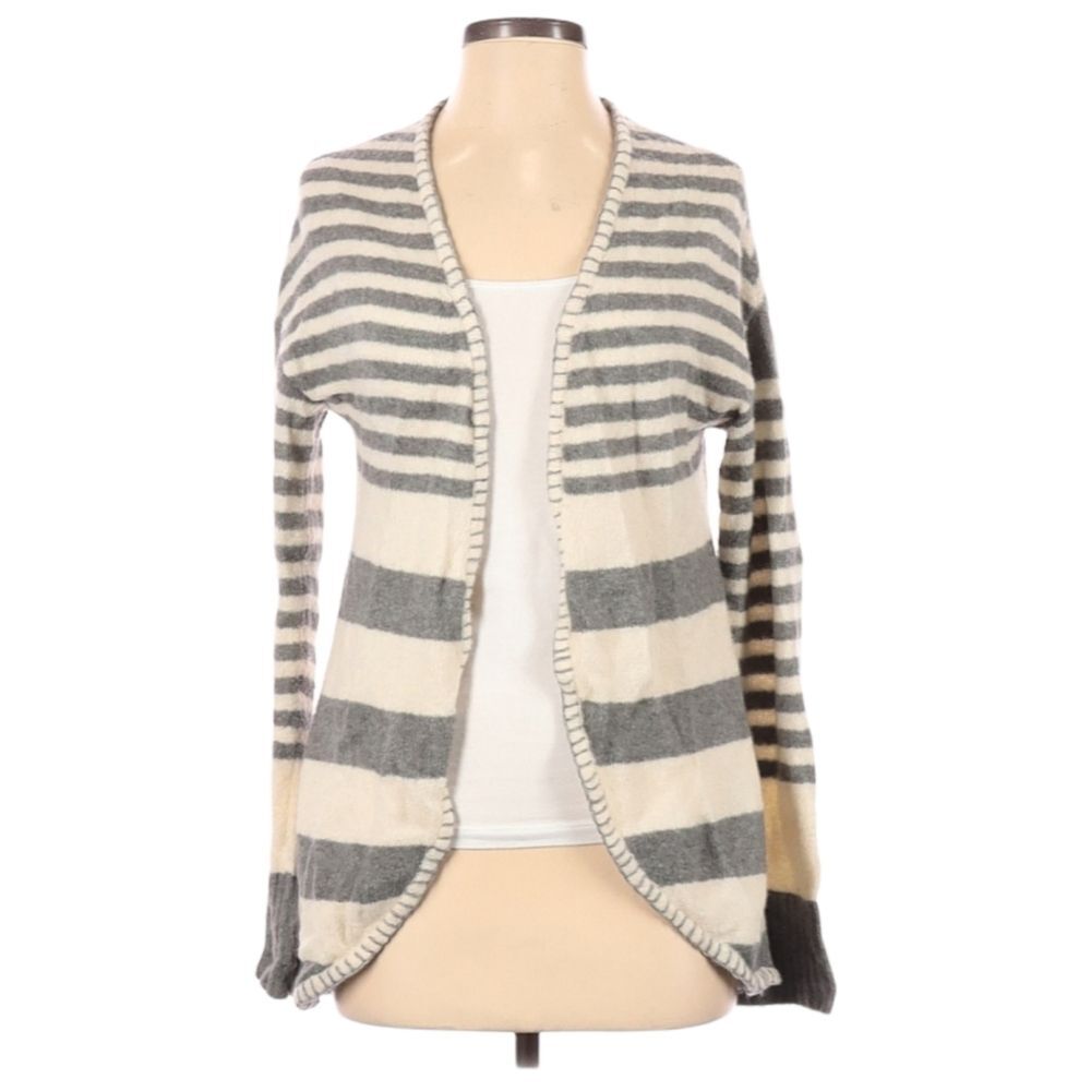 Ecote Cardigan Sweater Size S Gray‎ Ivory Striped Open Front Pockets Wool Blend